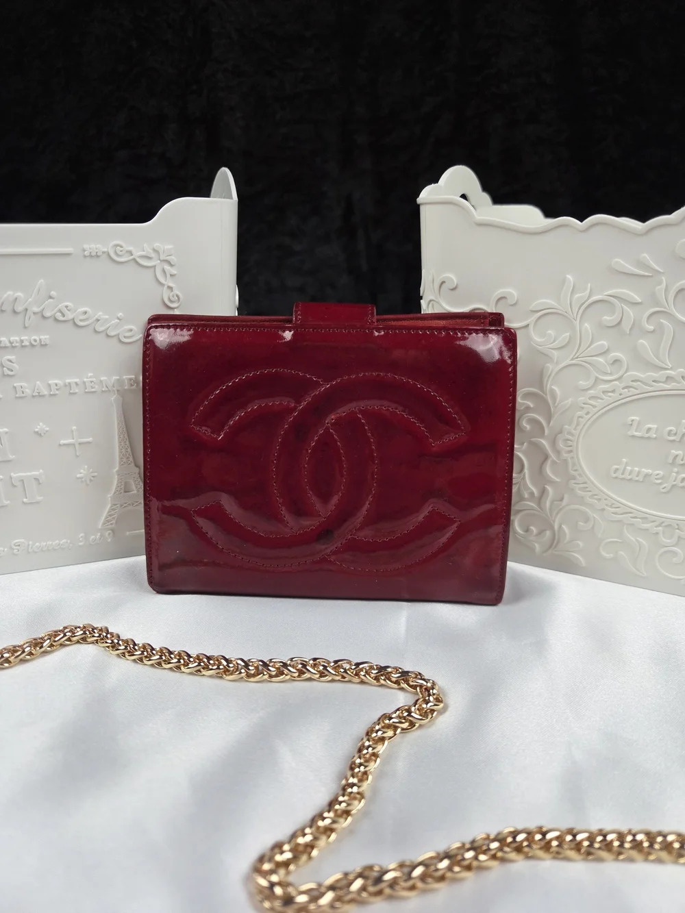 Vintage Chanel Red Patent Leather Oversized CC Kiss Lock Wallet